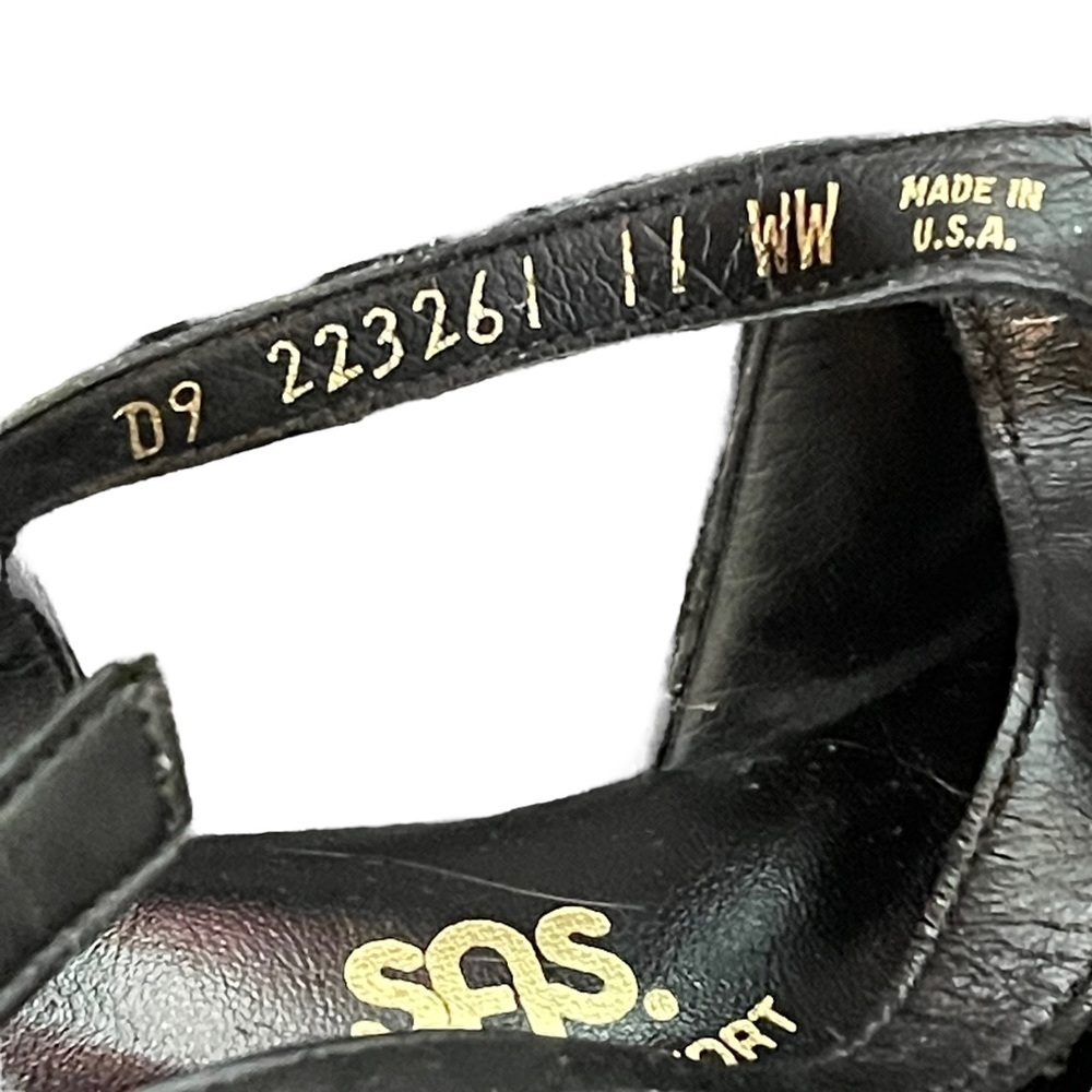 Vintage SAS Black Leather Slingback Open Toe Strappy Wedge Sandals Size 11 - Picture 7 of 9